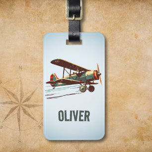Retro Vintage Biplane Personalised Luggage Tag