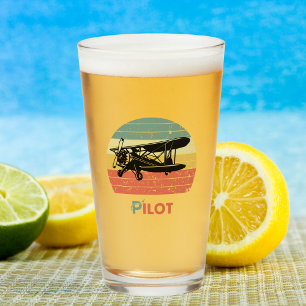 Retro Vintage Biplane Pilot Sunset Aviation Beer Glass