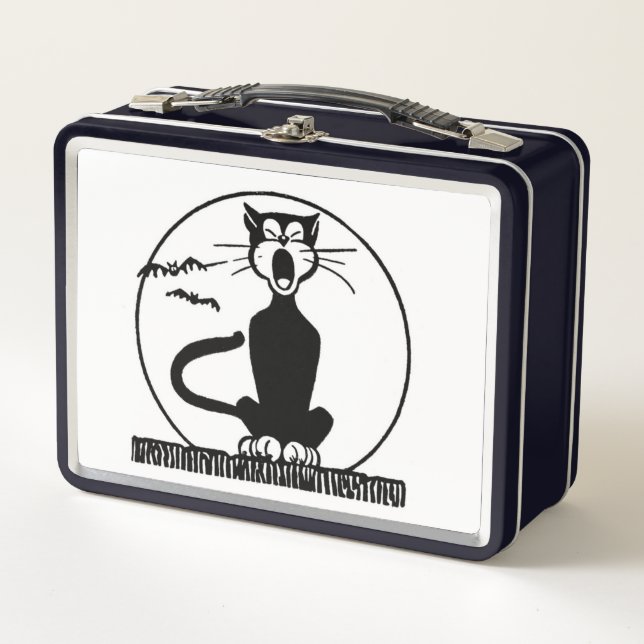 RETRO VINTAGE BLACK CAT YAWNING METAL LUNCHBOXES (Front)
