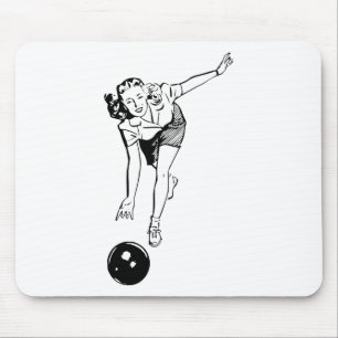 Retro Vintage Black & White Ten Pin Bowling Woman Mouse Pad