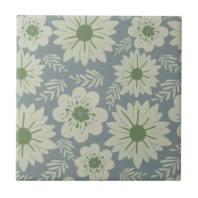 Retro Vintage Blue Green Floral Tile (Front)