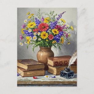 Retro Vintage Books Flowers Writer Postcard
