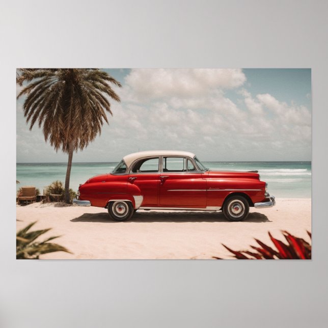 Retro Vintage Car on the Beach Art Poster (Front)
