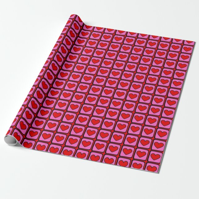 Retro Vintage Chequered Heart Y2K Pattern  Wrapping Paper (Unrolled)