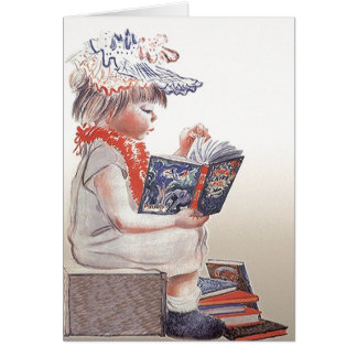 Retro Vintage Child Girl Reads Library Books Cards