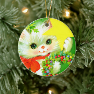Retro vintage Christmas add message cat Ceramic Tree Decoration