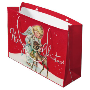 retro vintage Christmas Angel deer Holiday Large Gift Bag