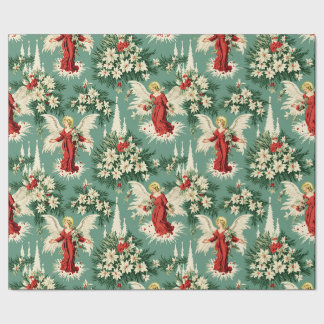 Retro Vintage Christmas Angels and Flowers Wrapping Paper