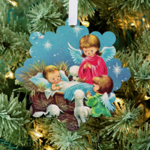 retro vintage Christmas Angels baby Jesus add text Tree Decoration Card