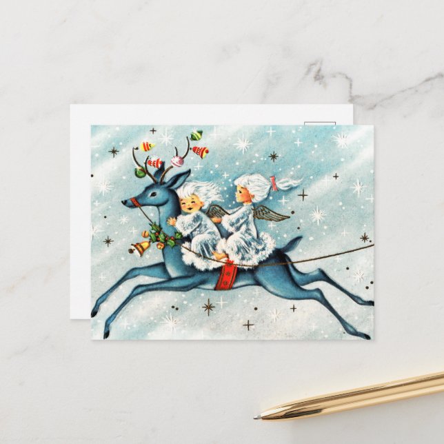 retro vintage Christmas Angels Holiday Postcard  (Front/Back In Situ)