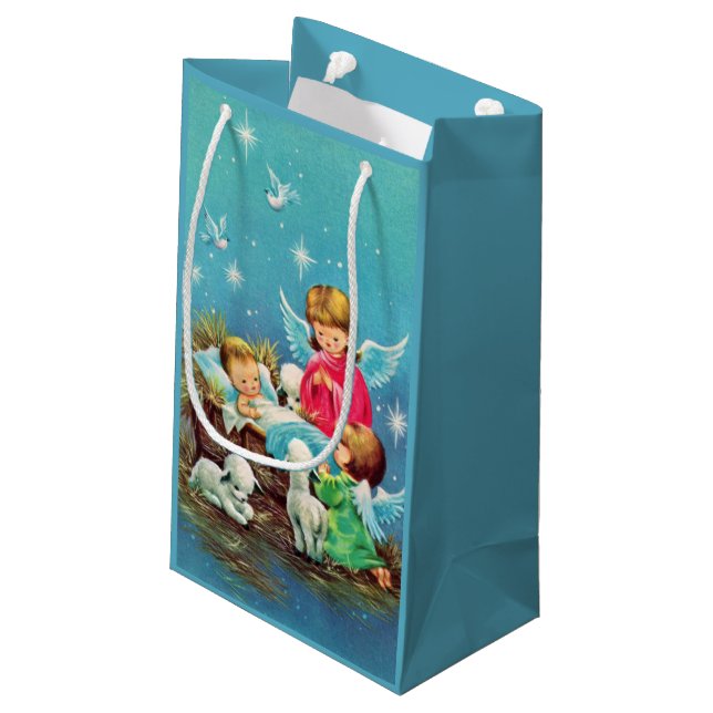 retro vintage Christmas Angels Holiday Small Gift Bag (Back Angled)
