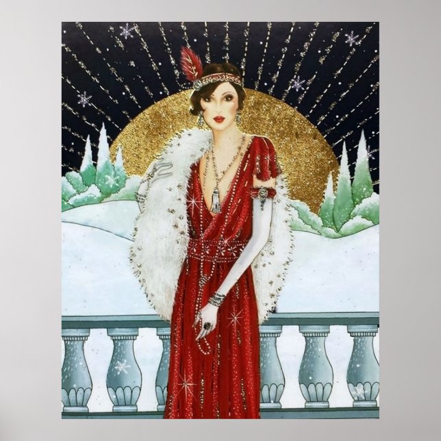 Retro vintage Christmas art deco lady poster (Front)