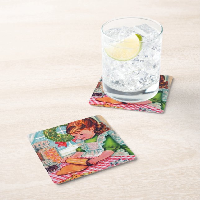 Retro vintage Christmas baking girl coaster (Insitu)