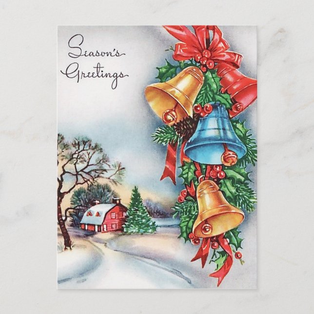Retro Vintage Christmas bells house postcard (Front)
