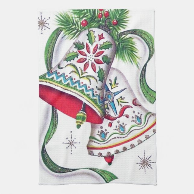 retro vintage Christmas bells kitchen towel (Vertical)