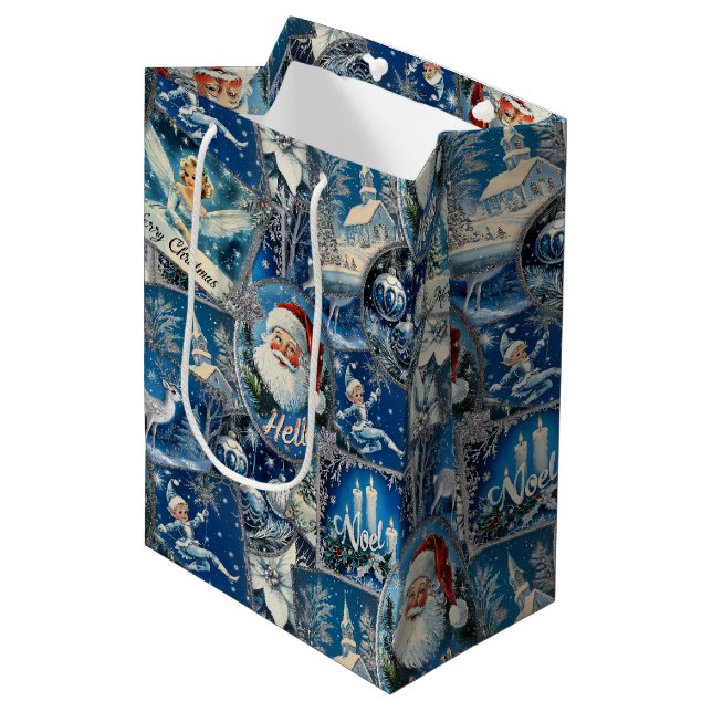Retro Vintage Christmas: Blue Collage Medium Gift Bag (Front Angled)