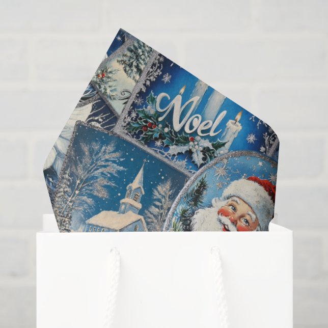 Retro Vintage Christmas: Blue Collage Tissue Paper (Gift Bag)