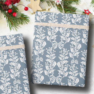 Retro Vintage Christmas Blue Holly Berries Wrapping Paper