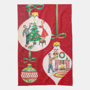 Retro Vintage Christmas bulb kitchen towel
