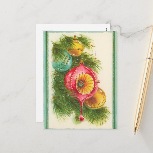 retro vintage Christmas bulbs Holiday Postcard (Front/Back In Situ)