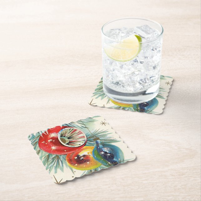 Retro Vintage Christmas bulbs party coaster (Insitu)