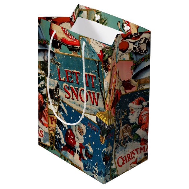 Retro Vintage Christmas Cards Collage Medium Gift Bag (Back Angled)