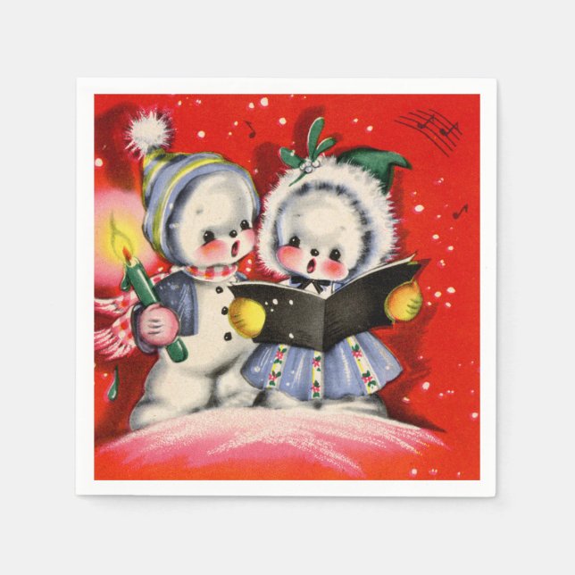 retro vintage Christmas caroling snow kids party Napkin (Front)