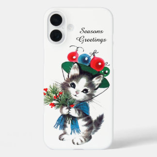 Retro Vintage Christmas cat iPhone 16 Plus Case