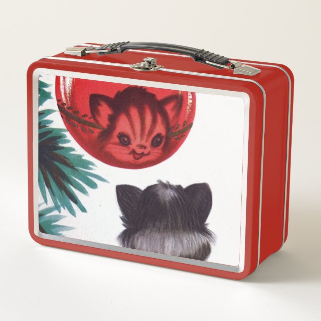 retro vintage Christmas cat Holiday Metal Lunch Box (Front)