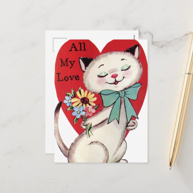 retro vintage Christmas cat Holiday Postcard (Front/Back In Situ)