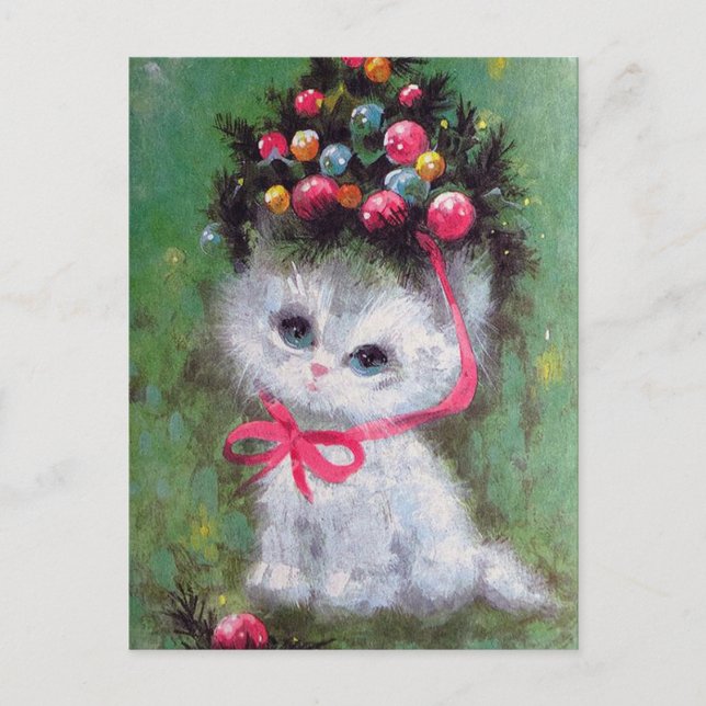 Retro vintage Christmas cat Holiday postcard (Front)
