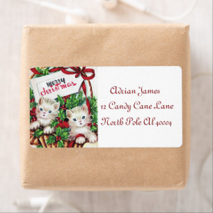 retro vintage Christmas cats Holiday label
