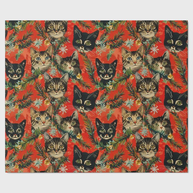 Retro Vintage Christmas Cats Wrapping Paper (Seam)