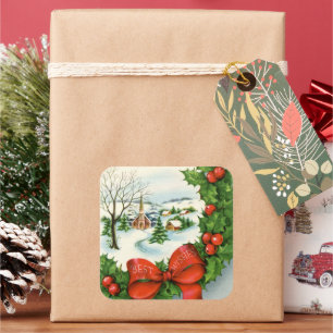 retro vintage Christmas Church Holiday Square Sticker