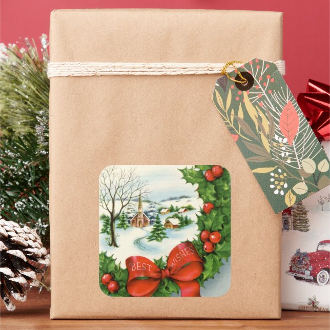 retro vintage Christmas Church Holiday Square Sticker (Holiday)