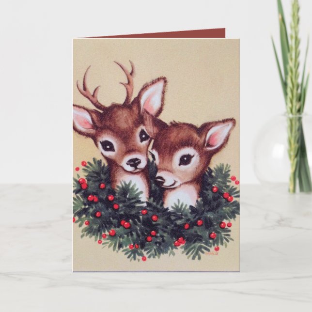 retro vintage Christmas deer add sentiment Holiday Card (Front)