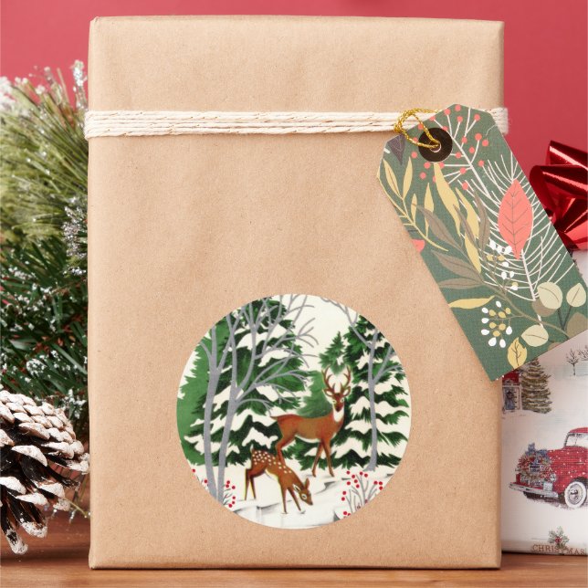retro vintage Christmas deer Holiday Classic Round Sticker (Holiday)