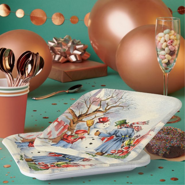 retro vintage Christmas Family Holiday Paper Plate (Multi)