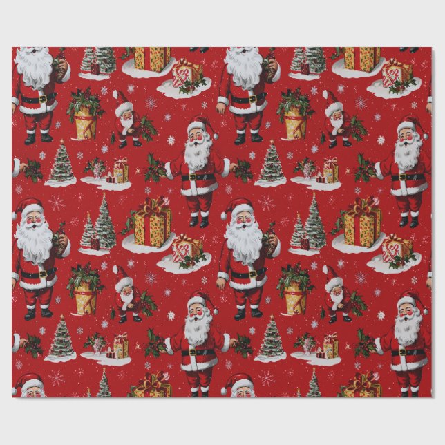 Retro Vintage Christmas Festive Santas Wrapping Paper (Flat)