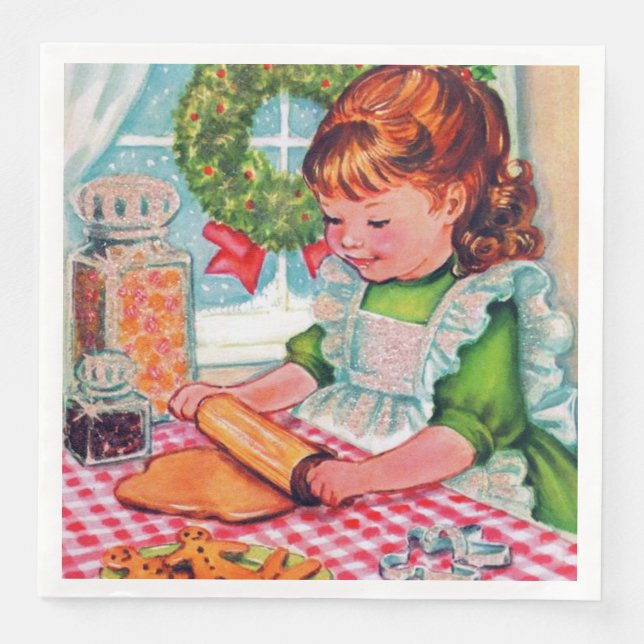 Retro vintage Christmas girl baking party Napkin (Front)