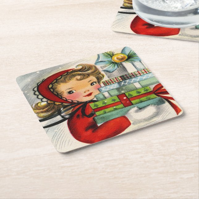 Retro Vintage Christmas girl Holiday party coaster (Angled)