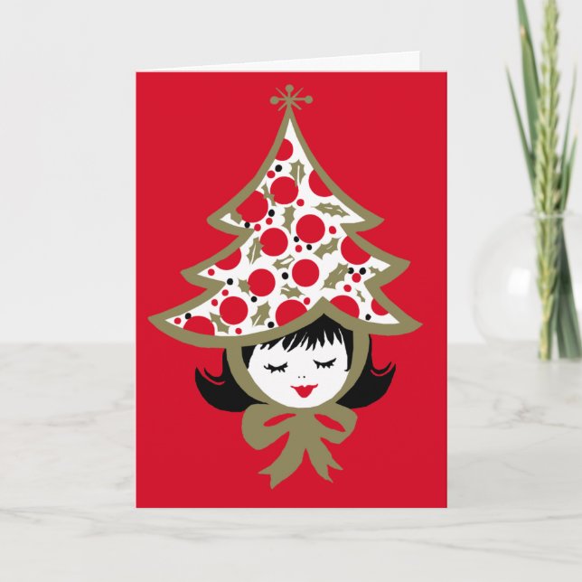 Retro Vintage Christmas Girl with Tree Hat Card (Front)
