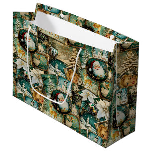 Retro Vintage Christmas: Green Collage Large Gift Bag