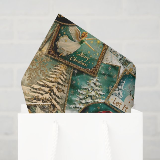Retro Vintage Christmas: Green Collage Tissue Paper (Gift Bag)