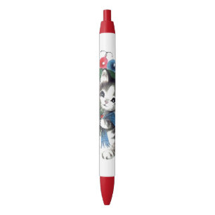 Retro vintage Christmas Holiday cat Black Ink Pen