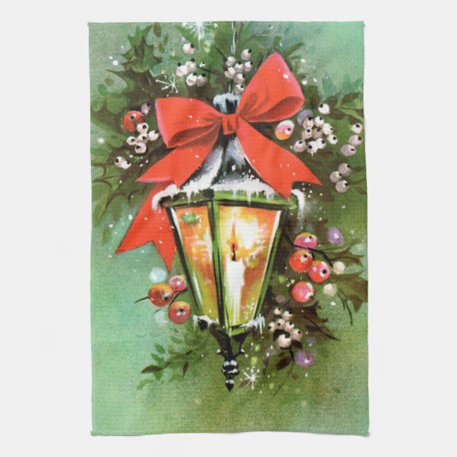 retro vintage Christmas Holiday lamp Tea Towel (Vertical)