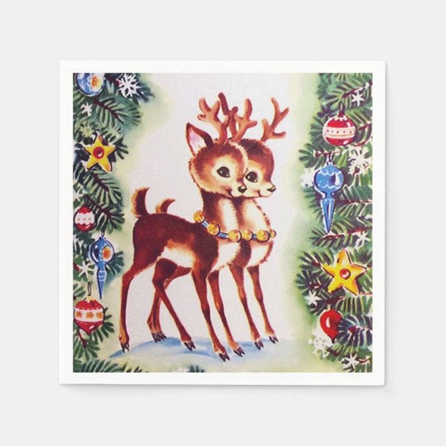 Retro vintage Christmas Holiday reindeer party Napkin (Front)