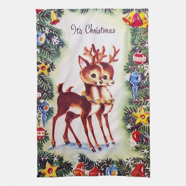 retro vintage Christmas Holiday reindeer Tea Towel (Vertical)