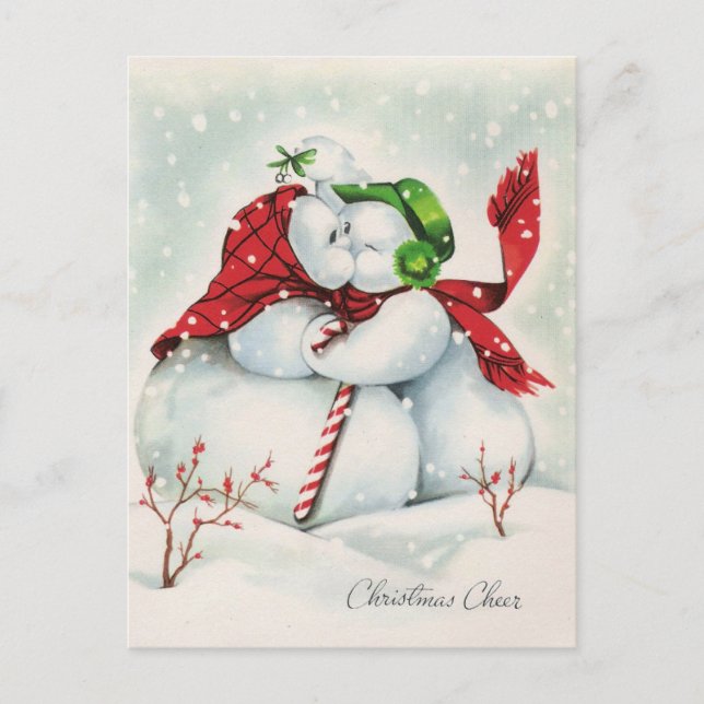 retro vintage Christmas kissing snow couple Holiday Postcard (Front)