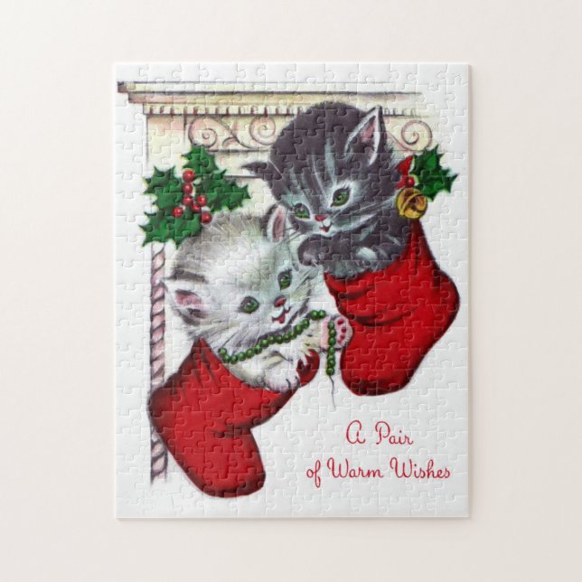 Retro Vintage Christmas kittens card puzzle (Vertical)